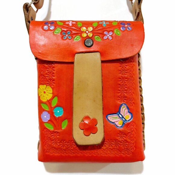 Vintage Mexican Hand Tooled Leather Floral Crossbody Shoulder Bag Purse. - Picture 2 of 10